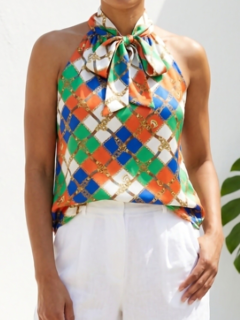 Sara Campbell Multicolor Geometric Tie-Neck Halter Top in Green, Blue & Orange